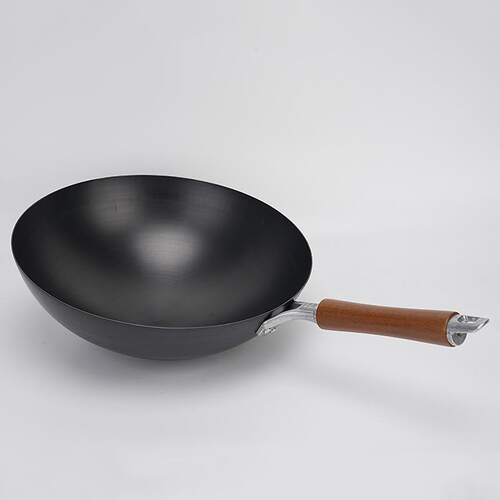 家用圆底木手柄老式铁锅深底大容量不粘锅带直立不锈钢锅盖炒菜锅