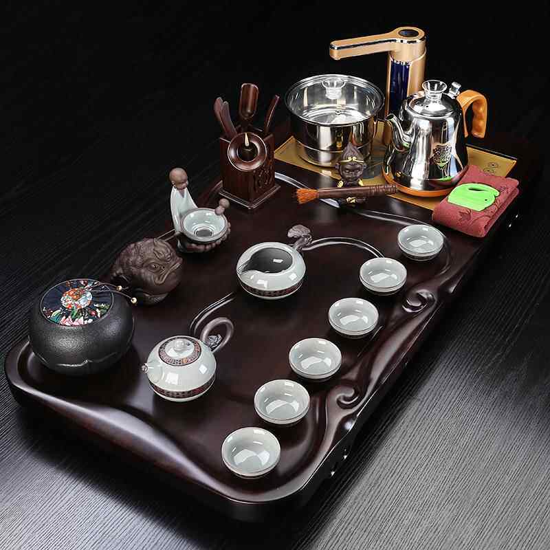 紫砂功夫茶具套装家用整板黑檀实木茶盘茶杯套装客厅办公室全自动