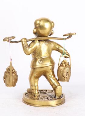 铜挑财童子摆件工艺品手提一桶金家居办公摆件