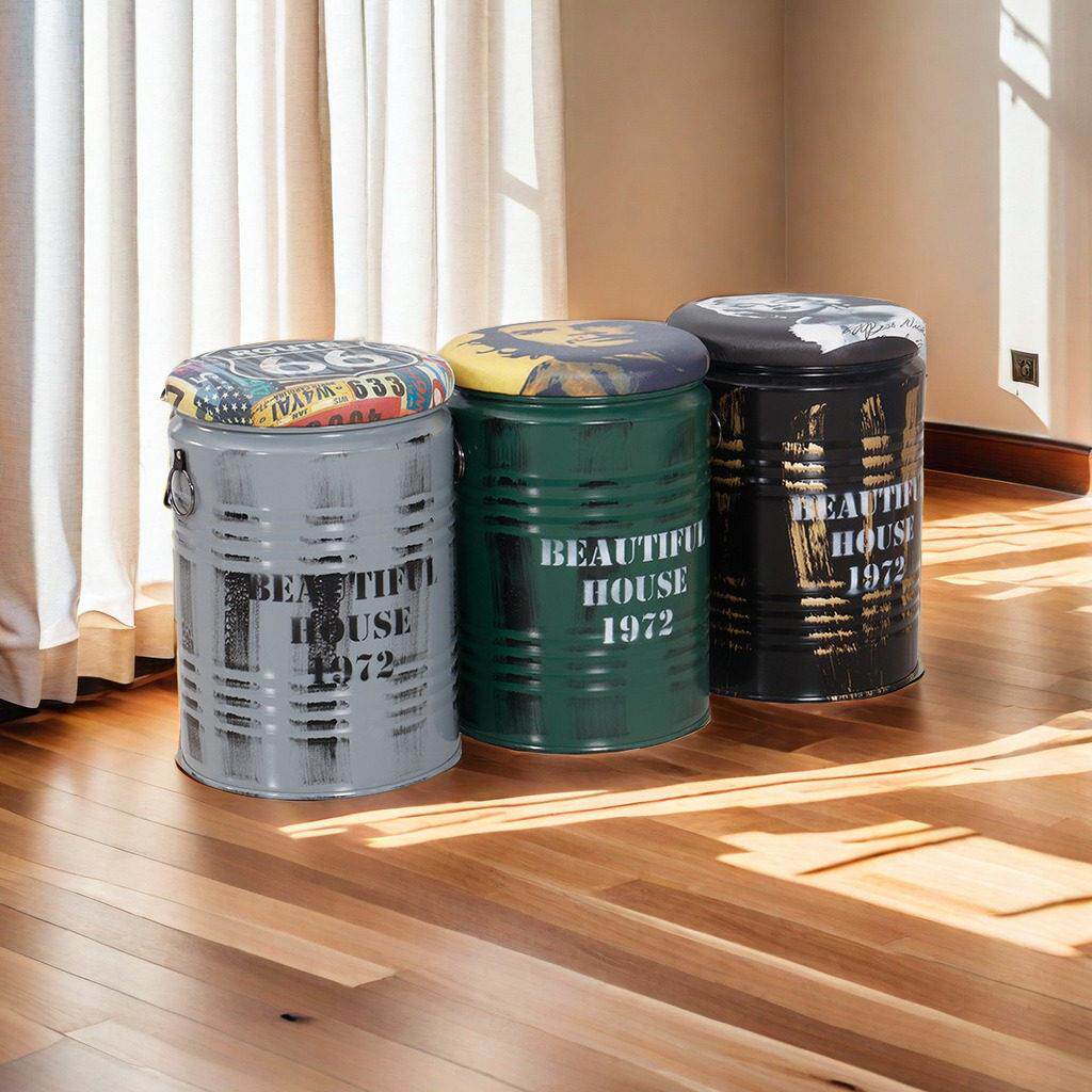 收银柜台承重换鞋凳覆古铁艺收纳凳子储物凳可坐圆形带盖子铁皮桶