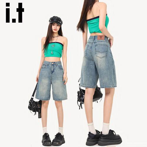 it:CHOCOOLATE牛仔短裤女2026新款夏季高腰直筒五分裤阔腿五分裤