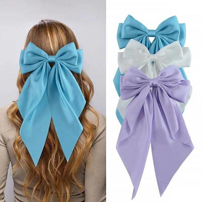 3Pcs Large Elegant Ribbon Bow Hair Clip for Women Simple Sol