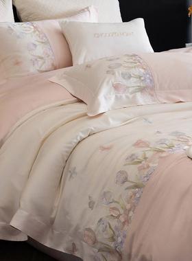 新款高支高密澳棉全棉四件套少女心郁金香刺绣纯棉被套床品粉蓝色