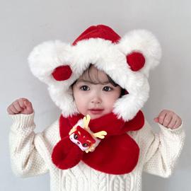 儿童冬季帽子围巾一体加绒保暖宝宝防风护耳帽男童女童加厚毛绒帽
