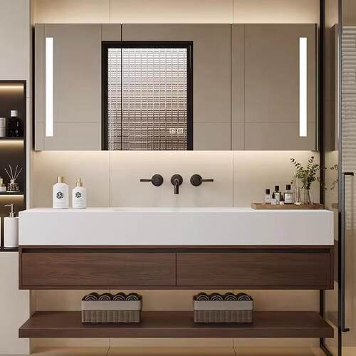 覆古原木风可丽耐岩板热弯无缝一体盆浴室柜组合洗脸洗漱台盆定制