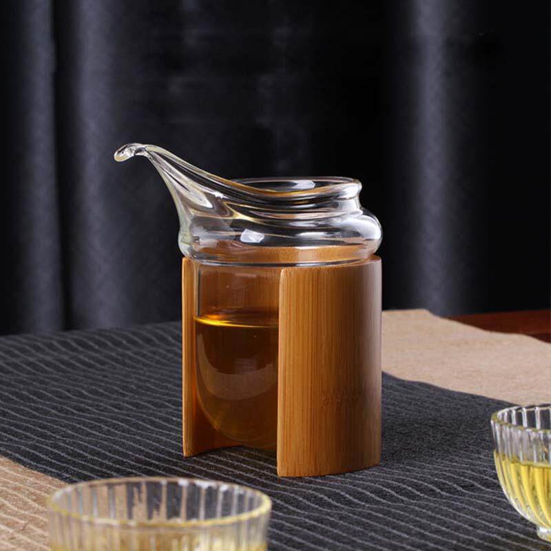 鹰嘴竹子竹围公杯 玻璃公道杯 耐热玻璃茶海竹制公杯分茶器包邮
