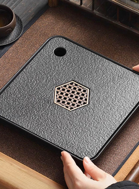 中式仿乌金瓷石茶盘茶具小型四方茶台储水排水式台家用茶盘