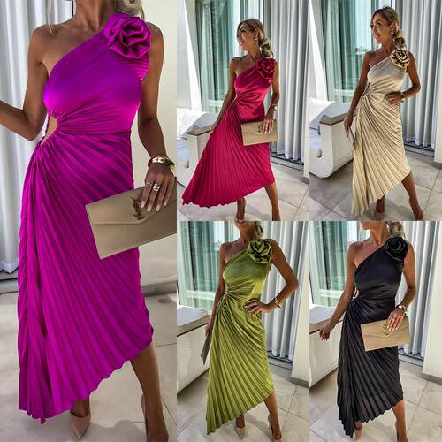 Women's dress with slanted shoulders and hollowed out design