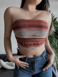 vinmenstudio双层网纱抹胸，油画艺术辣妹，短款春夏度假上衣230311