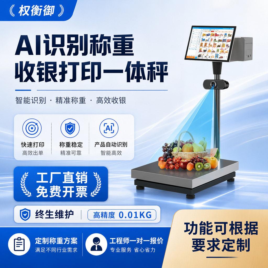 电脑加称重收银触摸打印小票一体台秤连锁生鲜水果超市多功能桌称