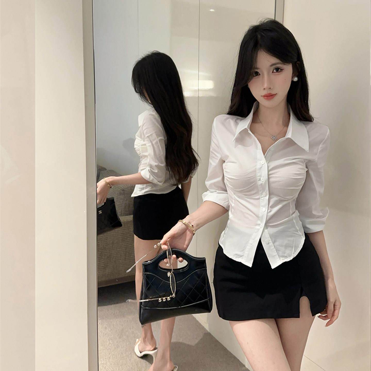 纯欲收腰白衬衫女性感秘书空姐制服美容前台按摩足浴技师工作服