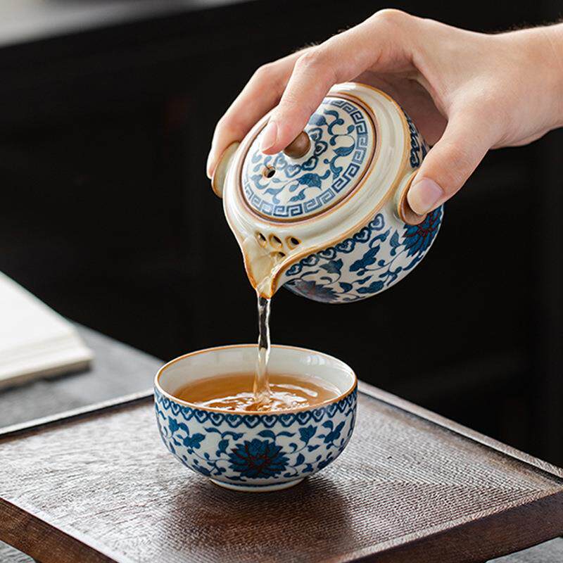 汝窑快客杯一壶二杯简易手抓泡茶壶茶杯青花瓷露营便携式旅行茶具