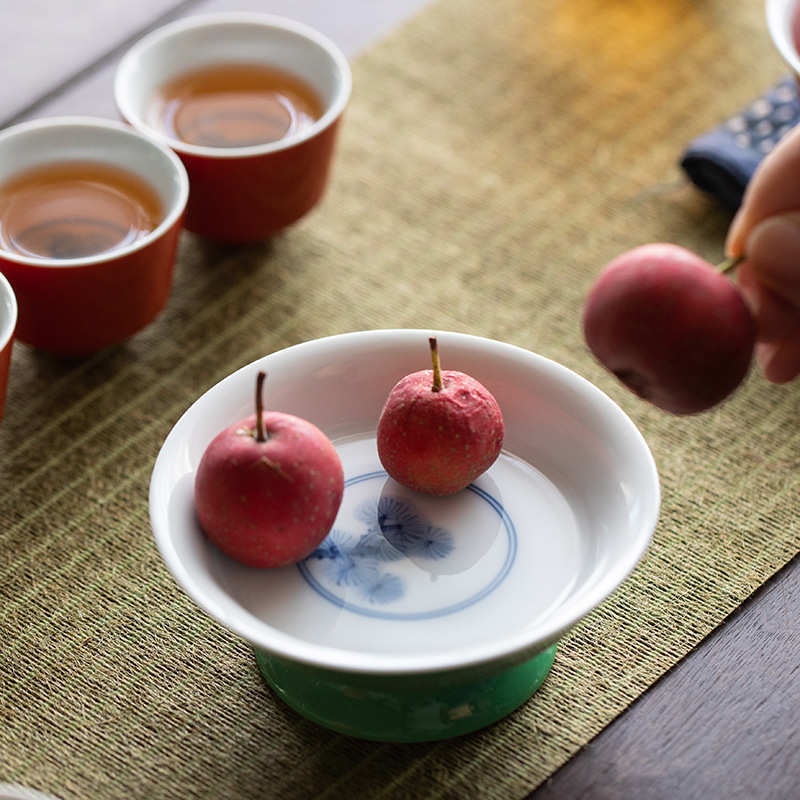 手绘松针翠绿中式高足壶承托盘陶瓷家用小点心盘水果零食茶道配件