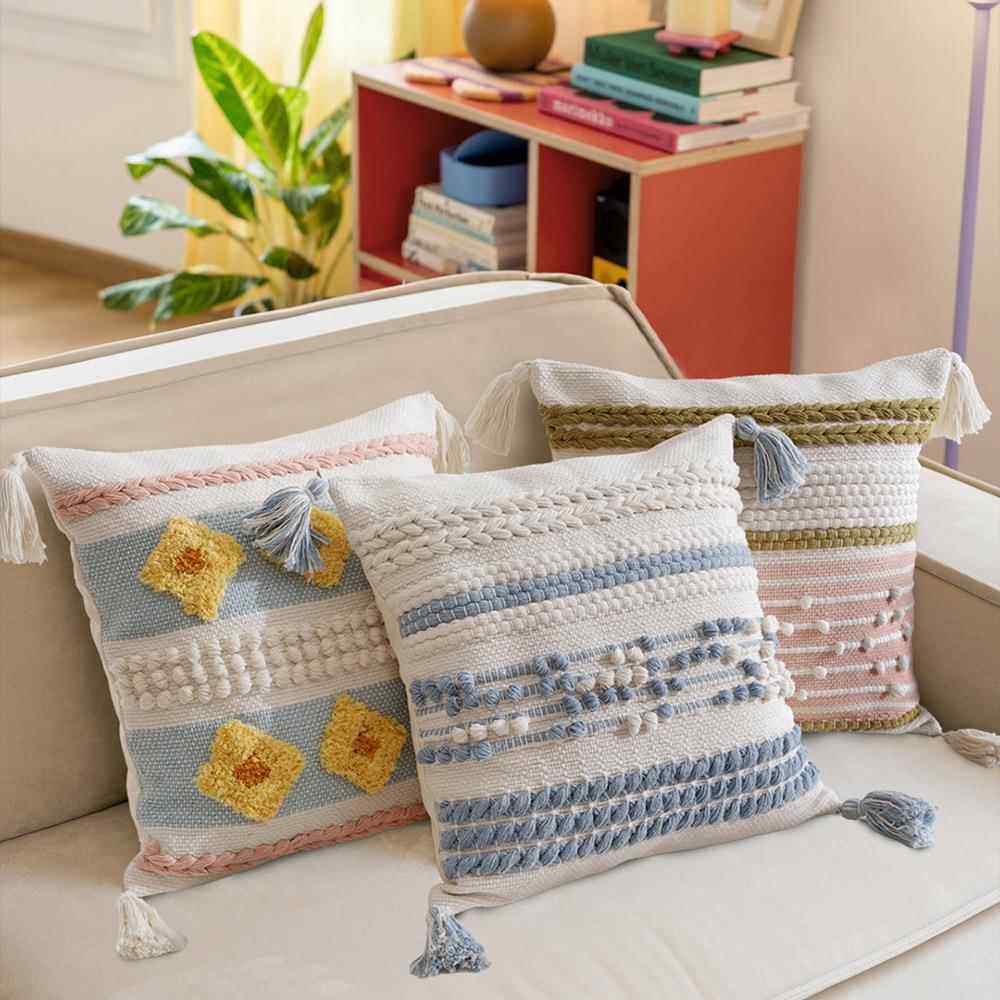 |枕抱枕套（绒手工立体提花|编织抱套轻奢风流苏簇家居客厅靠垫