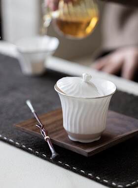 厅说 浮雪祥纹盖碗银口白瓷茶具中式茶道波浪螺纹盖杯耐热泡茶碗