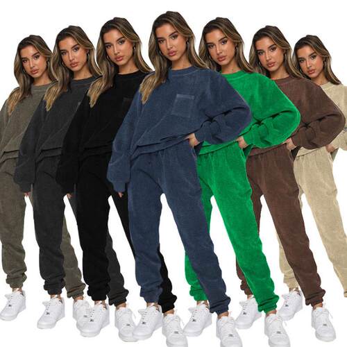 Corduroy pullover long sleeved two long pants set for