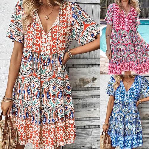 Summer New V Neck Dress Fashion Loose Bohemian Print Short