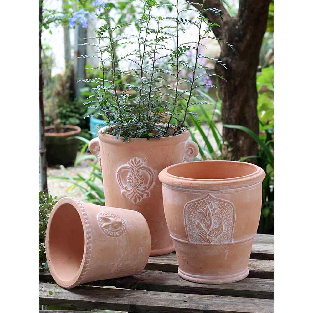 旧覆古罗马圆柱形透气红陶手工花盆家庭庭院阳台花卉种植粗陶大花