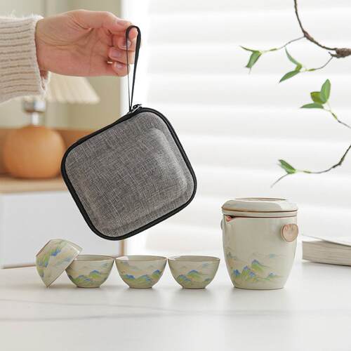 米黄汝窑旅行茶具户外露营一壶二四杯快客杯便携式泡茶壶定制收纳