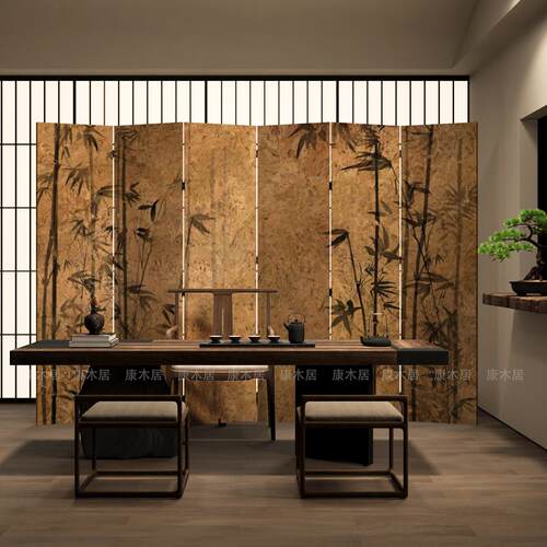 宋代美学屏风隔断客厅沙发背景装饰茶室民宿竹子可折叠移动新中式