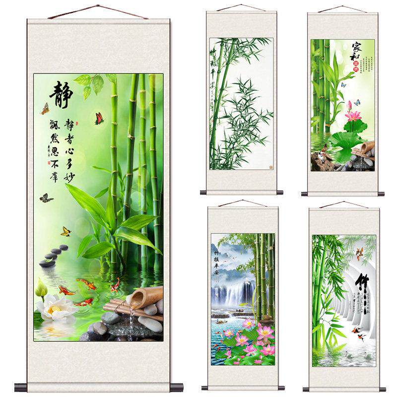 冥想竹挂画书画办公室书房装饰画客厅入口卷轴花鸟画丝绸礼品画