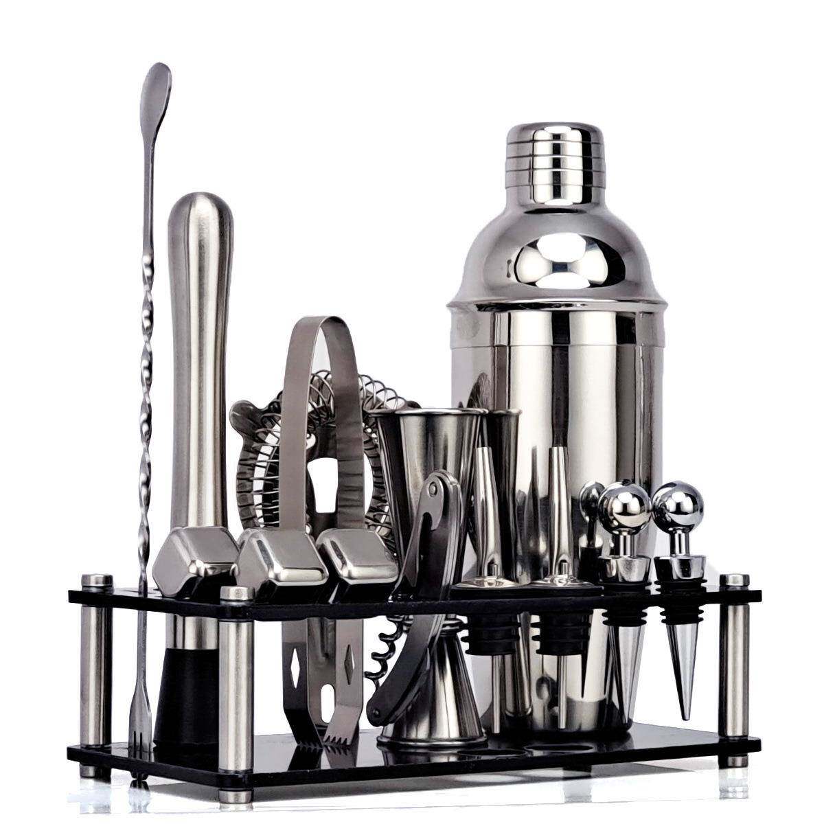 新款黑色亚克力旋转套装防跌落鸡尾酒调酒器酒吧工具16件套