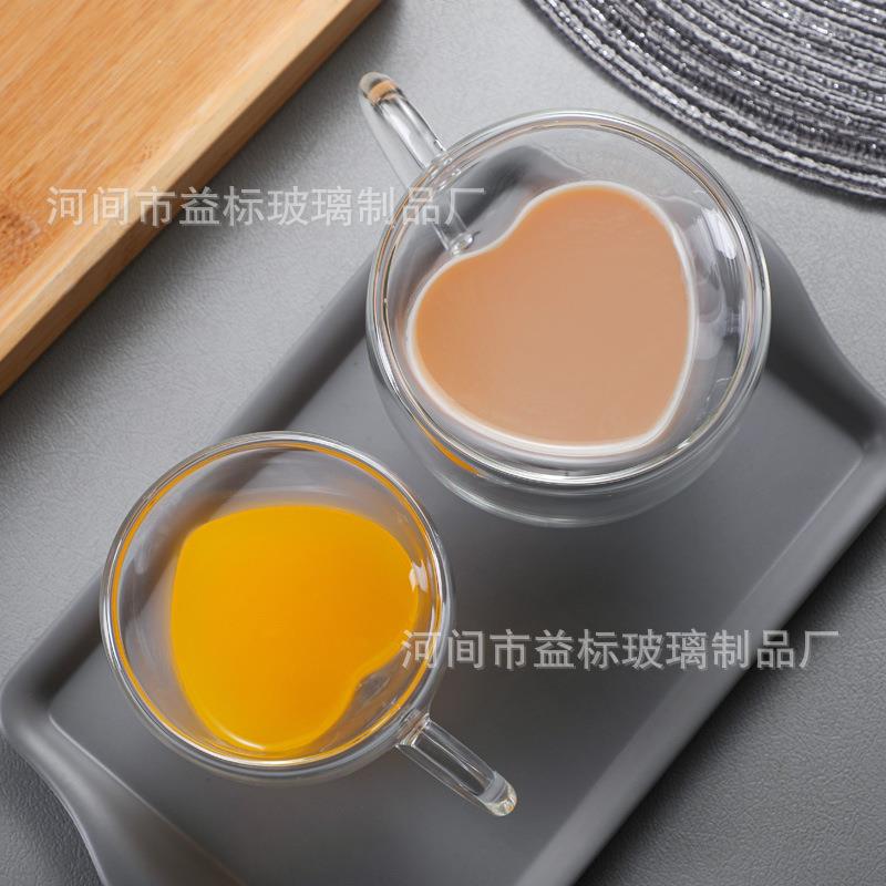 双层玻璃心形把杯情侣爱心玻璃高硼硅玻璃咖啡牛奶果汁杯家用杯子