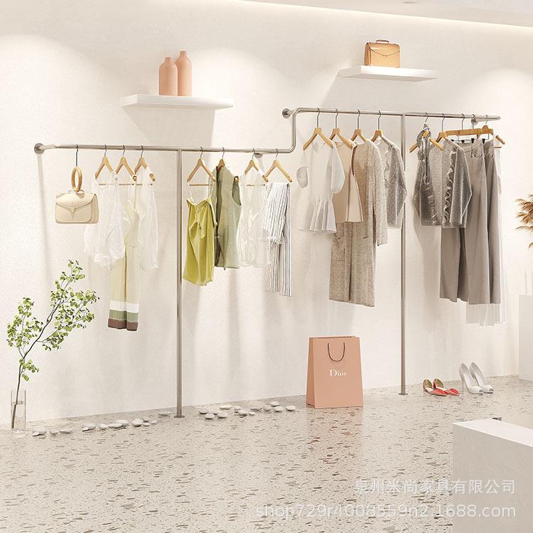 不锈钢拉丝银童装女装货架高低架上墙架服装店陈列架展示挂衣架