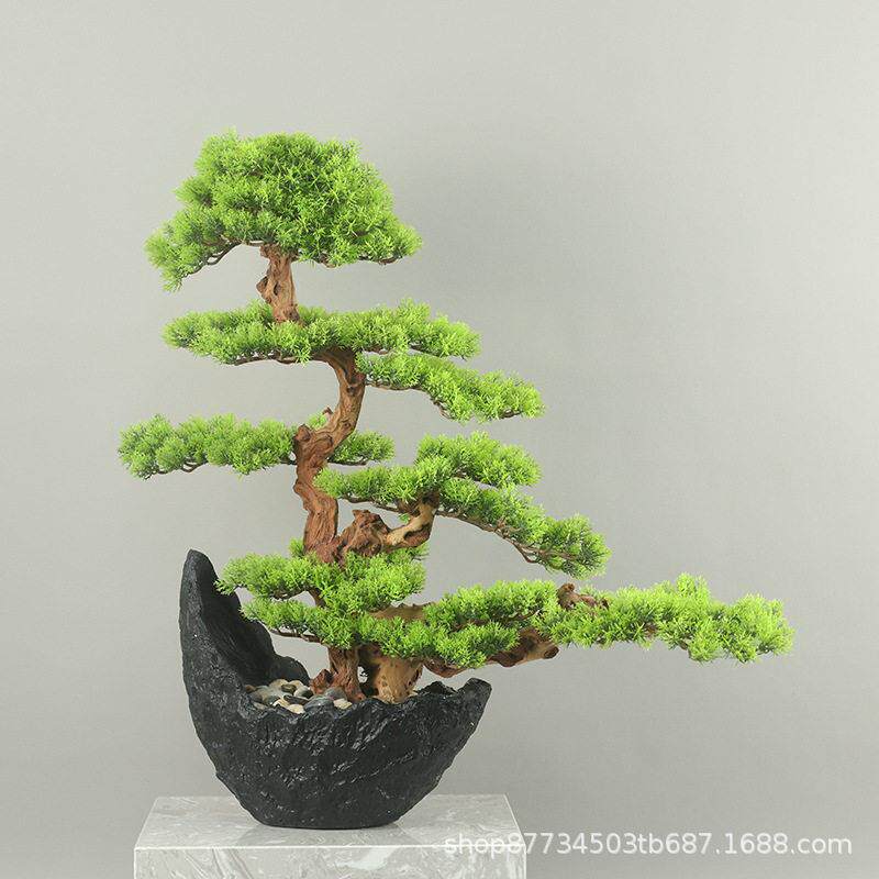 新中式仿真崖柏迎客松绿植盆景玄关前台样板间酒店民宿售楼部装饰