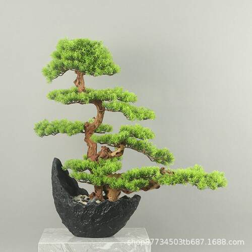 新中式仿真崖柏迎客松绿植盆景玄关前台样板间酒店民宿售楼部装饰