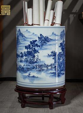 景德镇陶瓷字画缸卷轴缸字画桶箭筒青花瓷花瓶新中式客厅书房摆件