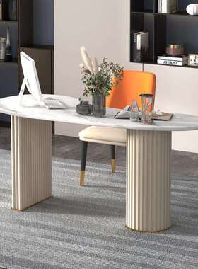 意式极简书桌家用写字台岩板办公桌现代简约大理石椭圆形电脑