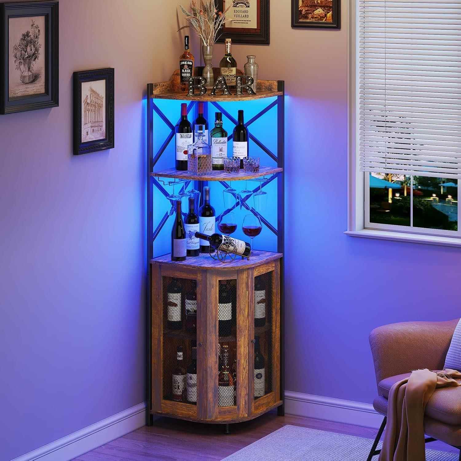 客厅角落葡萄酒柜带LED灯独立扇形红酒展示置物架悬挂高脚杯酒架