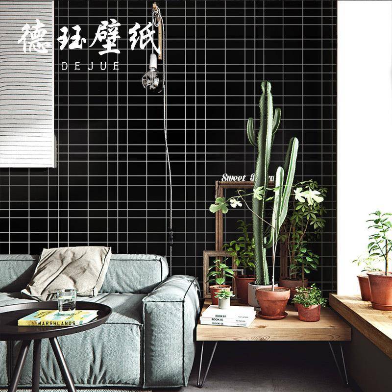 新款直销北欧风黑白格子黑色墙纸刷胶砖块砖头砖纹壁纸非自粘服装