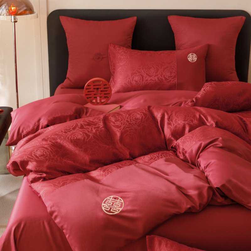 高档中式结婚四件套大红色新婚陪嫁被套纯棉婚庆床上用品婚房喜被,床上用品,婚庆床品套件,淘宝优惠券,粉丝福利购,淘宝优惠卷