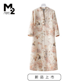 M22024春夏宽松大码中年妈妈汉服中国风亚麻中袖连衣裙