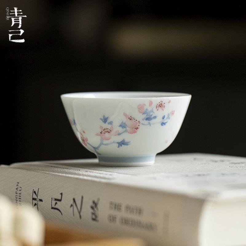 青己玉泥白瓷手绘主人杯十二花神系列桃花家用茶杯陶瓷品茗杯单杯