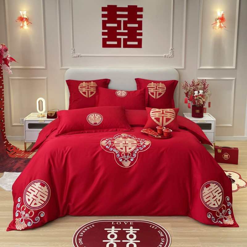 婚庆四件套大红喜庆被套新结婚房中式简约龙凤刺绣婚嫁礼床上用品