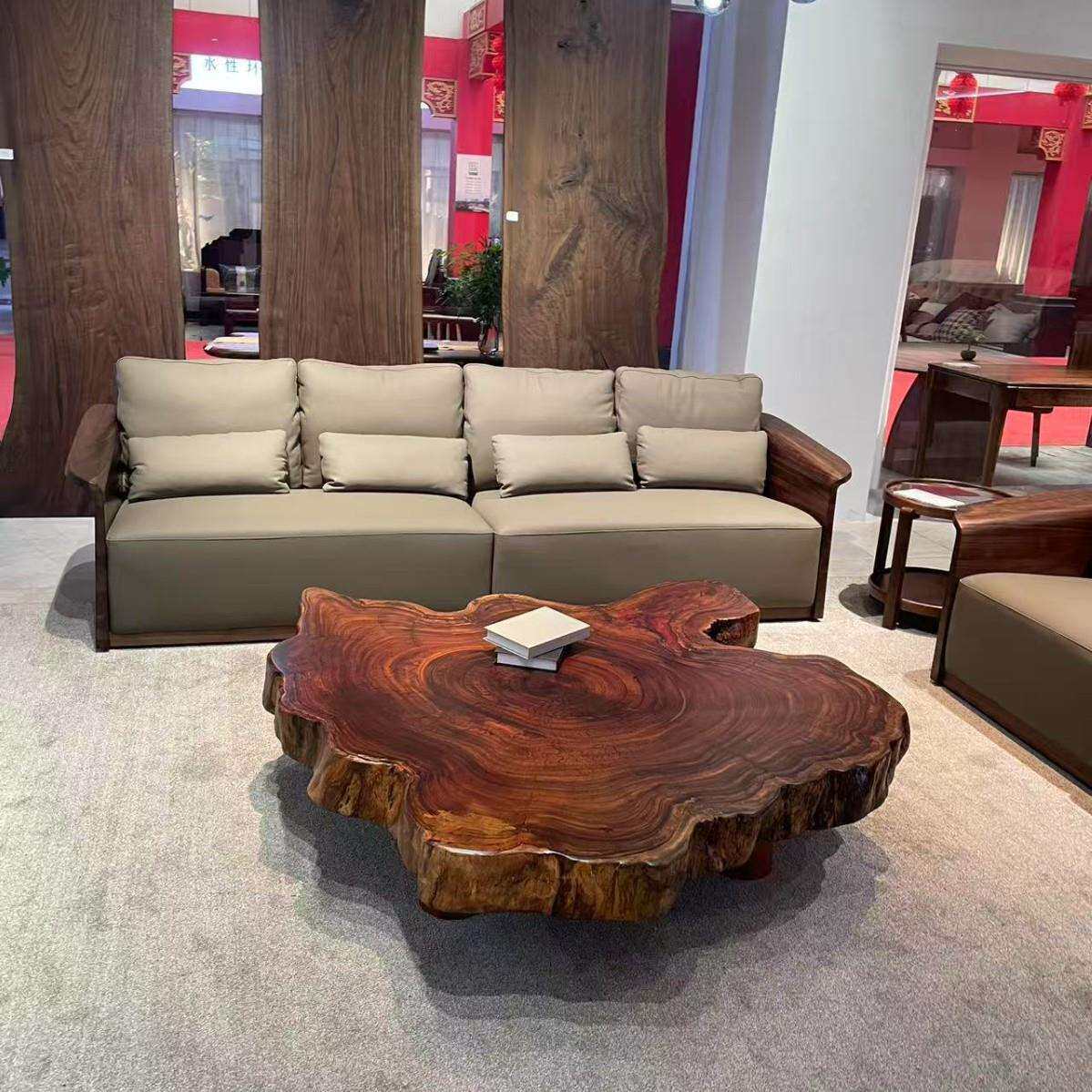 原木大板茶桌实木茶边几茶台小圆桌胡桃木客厅沙发乌金木圆盘整板