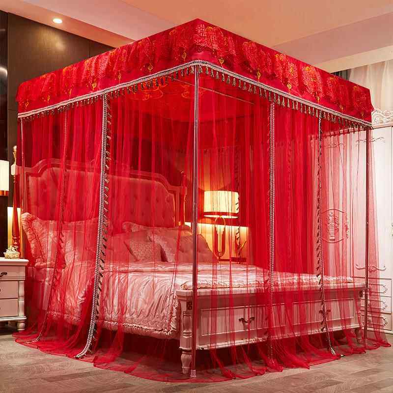 E4C婚庆床帘蚊帐结婚房家用1.8m床不锈钢三开门欧式宫廷1.5米大红