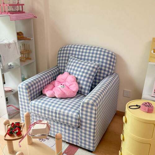 法式奶油风摄影卧室客厅twoi小红书同款蓝色格子直播间单人小沙发