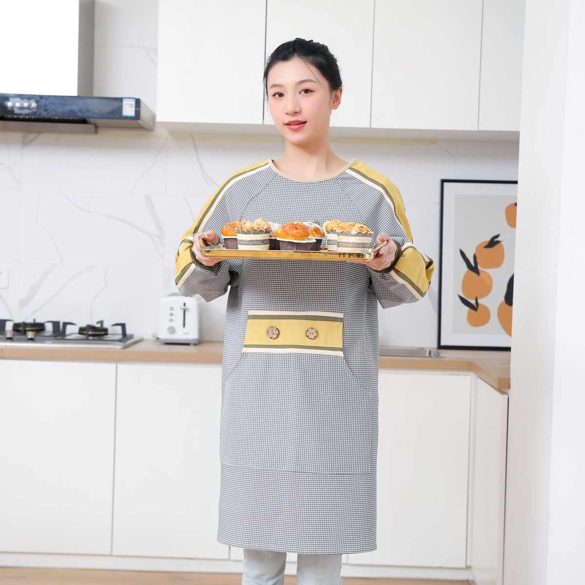 围裙女长袖反穿细格简约防油防污耐脏厨房成人家用罩衣工作服批发