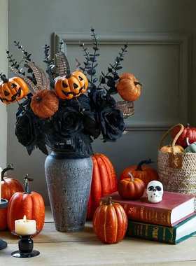 人造鬼脸南瓜把束圣诞万圣节黑色玫瑰花装饰绿植鬼节派对道具