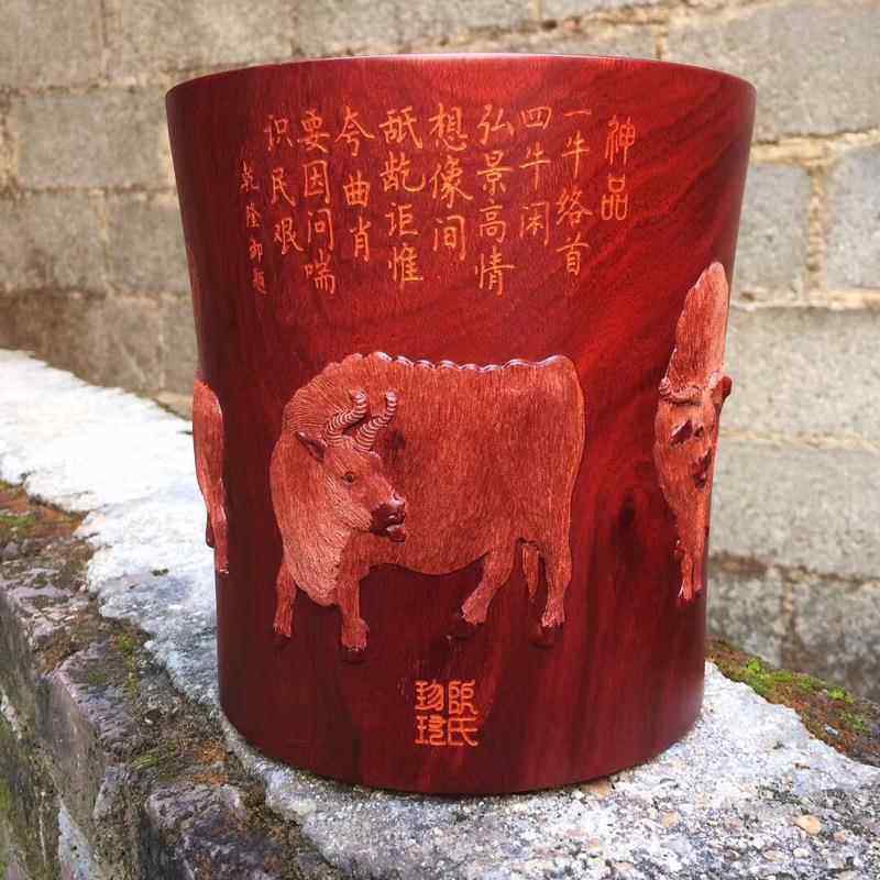 木质笔筒 来样 赞比亚血檀雕刻五牛图工艺品摆件笔筒厂家直销