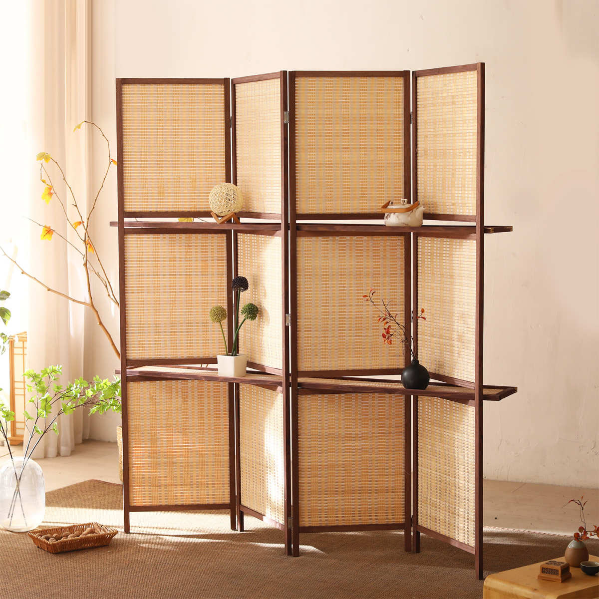 可置物屏风隔断客厅简约现代酒店办公竹木移动折叠屏风隔断墙实木