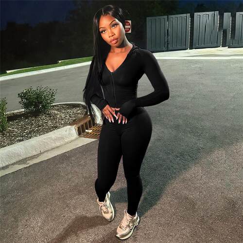 Women's Solid Color Zipper Hoodie and Fitted Long Pants Set,