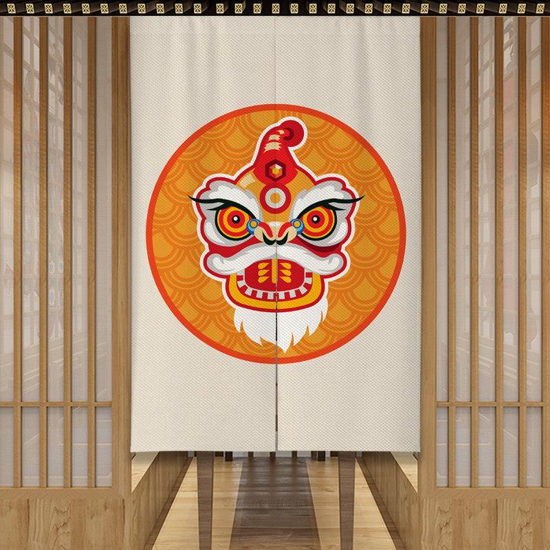新中式国潮门帘喜庆醒狮新年民宿酒吧布帘布艺遮挡帘免打孔隔断帘