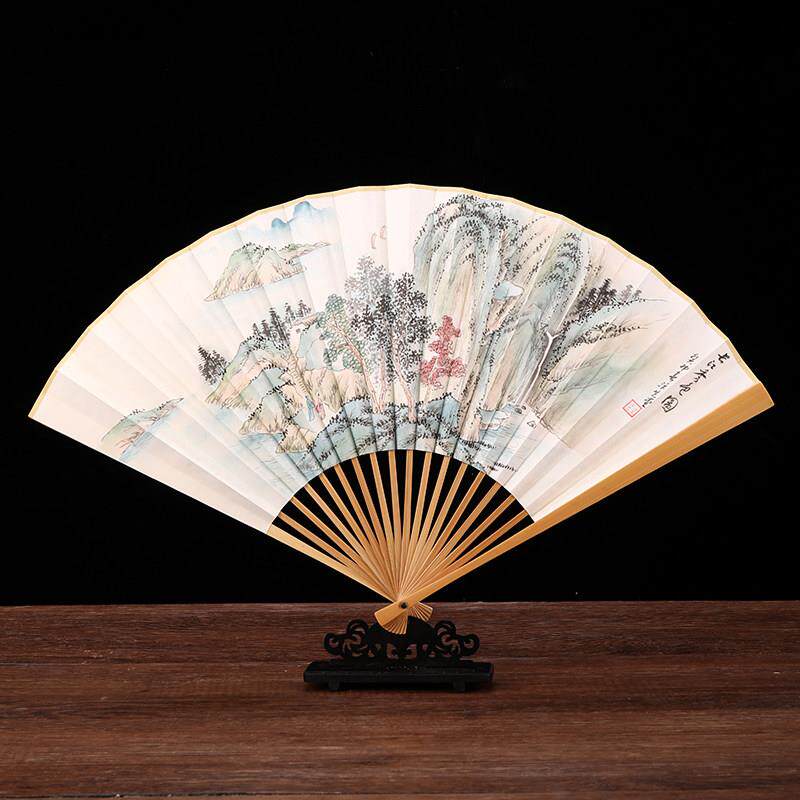 9寸95寸折扇苏工男女山水写意手绘玉竹中国风文玩古风礼品纸扇子