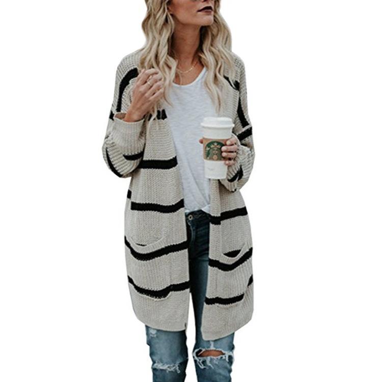 Womens mid-length striped colorblock knitted cardigan