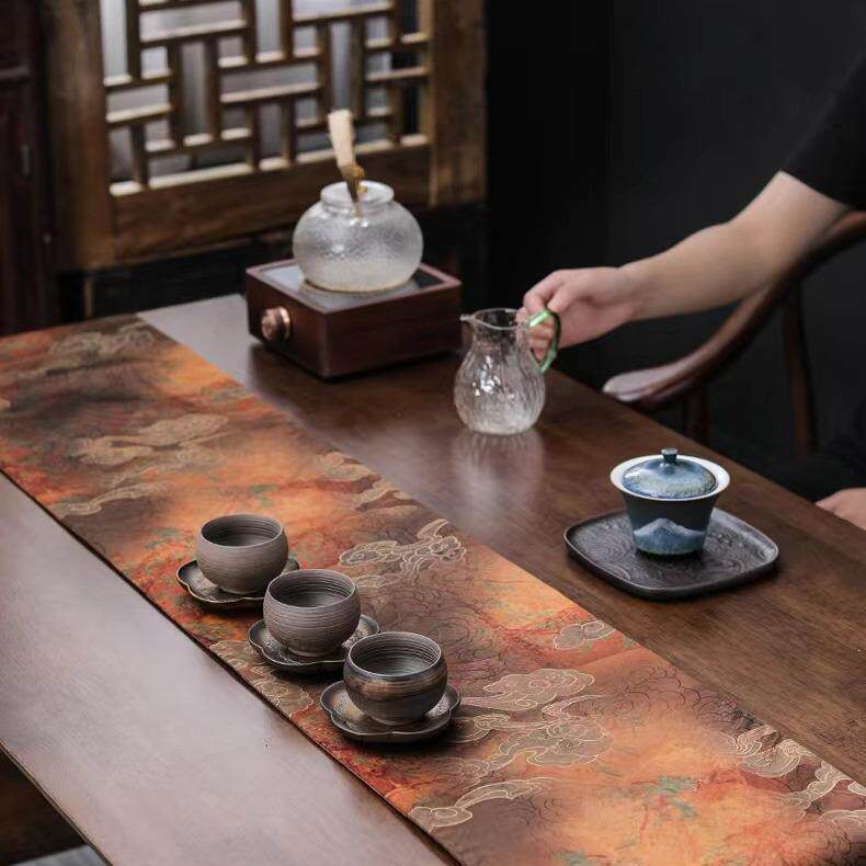 云纱茶席新中式禅意双面桌旗布复古高档防水干泡盘布垫茶道配件